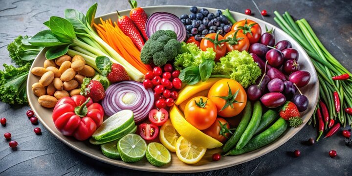 Close-up of a plate with various colorful foods including vegetables and fruits arranged artfully, gastronomic delights, kitchen decor