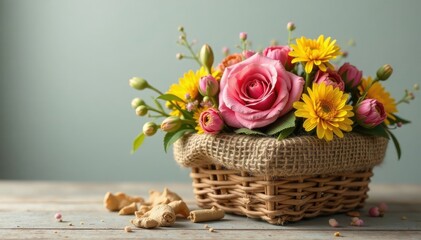 Obraz premium Burlap wrapped wooden basket filled with dried flowers, dried, eco friendly, wood