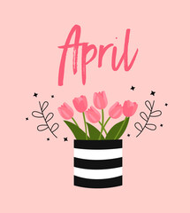 Illustration of the month of April on a pink background.