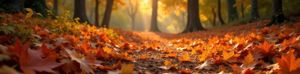 Amber hues of fallen maple leaves scattered on earthy ground, foliage, forest