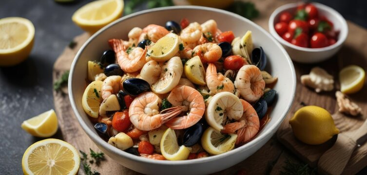 A bowl of busara di scampi e frutti di mare with lemon wedges, italy, lemon