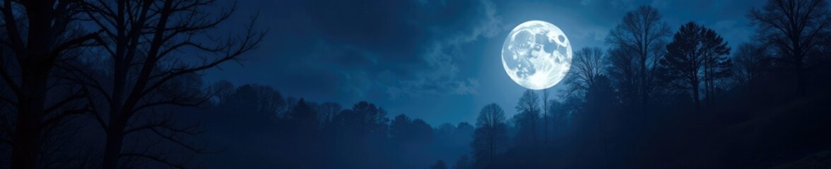 Fototapeta premium Full moon casts an otherworldly glow on trees, gloomy, forest, woodland