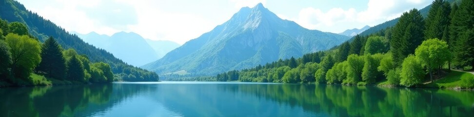 Mountain peak with lush greenery and serene lake, lake, calm, trees