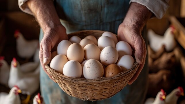 A close-up of a farmer’s hands holding fresh eggs in a wooden basket