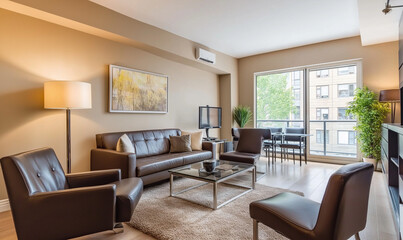 Modern open-concept living space featuring beige walls and rich leather accents for elegant residential comfort