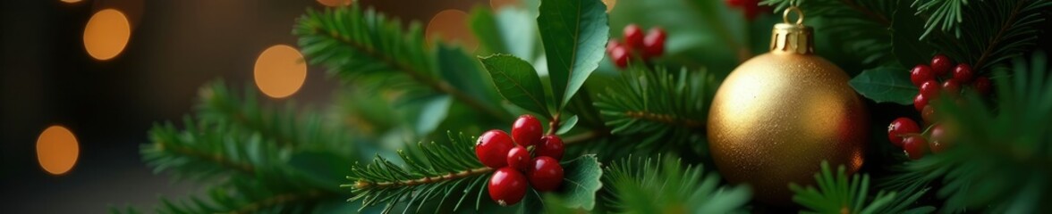 Golden ball nestled among lush sprigs of holly, Christmas, decoration