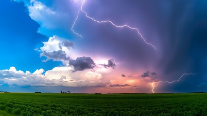 The image portrays a dramatic scene of a thunderstorm with vivid lightning bolts striking across a colorful sky over expansive green fields, illustrating the raw power and beauty of nature's forces.  