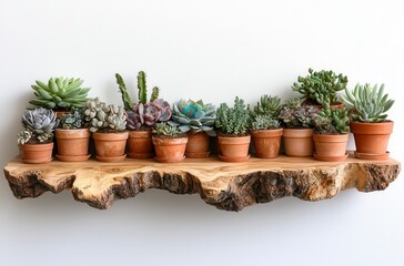 Fototapeta premium Diverse Succulent Arrangement in Clay Pots on a Natural Wood Shelf Against a White Wall
