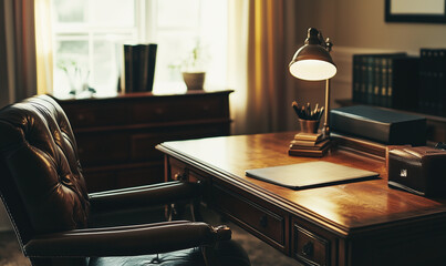 Cozy home office featuring a wooden desk and leather chair, providing a comfortable, productive workspace