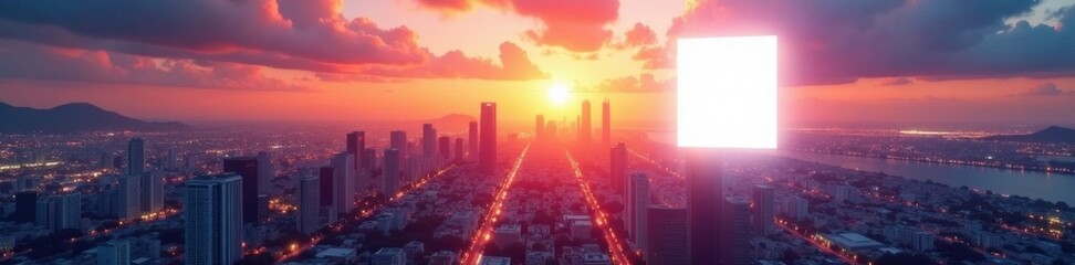 Obraz premium Futuristic cityscape at sunset with abstract white square shape floating in the air, cityscape, abstraction