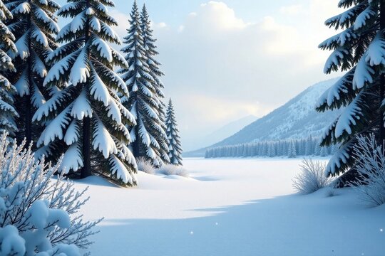 Frozen forest landscape with snow-covered trees and frozen lake in the background , snow, cold - Powered by Adobe