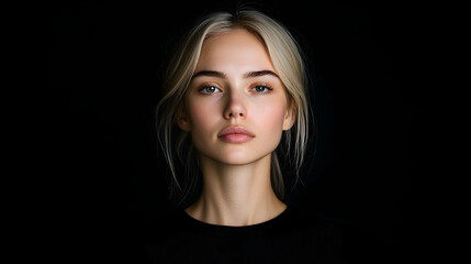 Fototapeta premium Young blonde woman looking directly at the camera with a neutral expression against a solid black background in a studio portrait.
