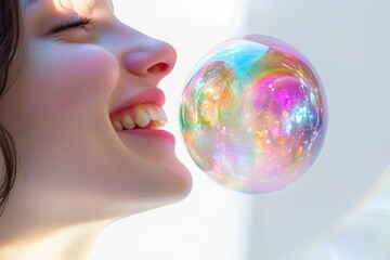 Joyful laughter as a colorful bubble floats in bright sunlight during a playful moment