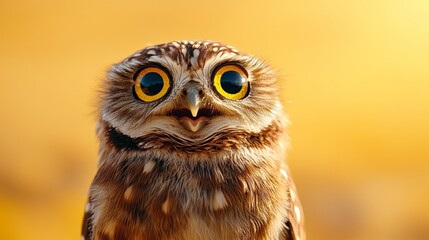 Fototapeta premium Small owl with yellow eyes and a yellow beak is looking at the camera. The owl has a smile on its face and he is happy
