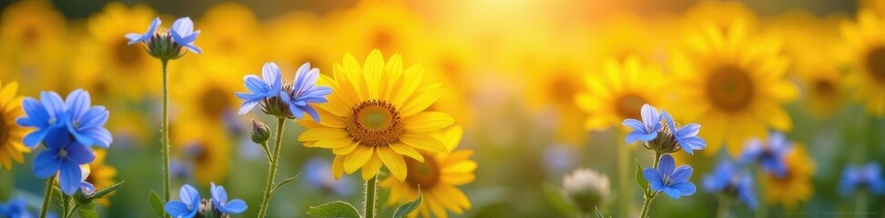 Blue forget me nots in full bloom against a warm sunny background, sunflower, flower field, yellow flowers