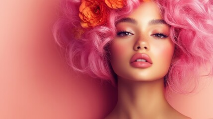 Fototapeta premium Woman with pink hair and orange flowers in her hair. She has a very pretty and attractive face