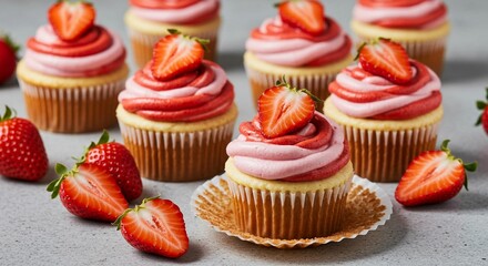 Strawberry cupcakes with buttercream frosting and fresh strawberries