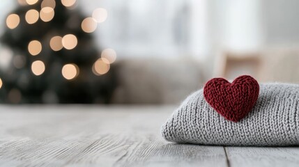 Fototapeta premium Red knitted heart on a grey woolen blanket on a wooden table with blurred Christmas tree lights in the background.