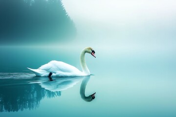 Fototapeta premium Serenity in mist as a graceful swan glides across a tranquil, foggy lake at dawn
