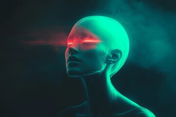 Fototapeta premium Woman's face is glowing with red light, giving the impression of a futuristic, otherworldly being
