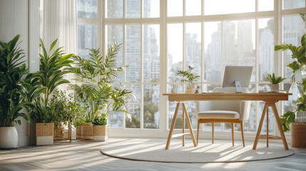 Obraz premium Bright Home Office Sanctuary with City View and Lush Greenery for focus
