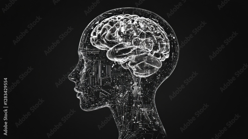 Poster Outline of a human head revealing internal mechanisms and designs symbolizing artificial intelligence concepts and functions. Generative AI