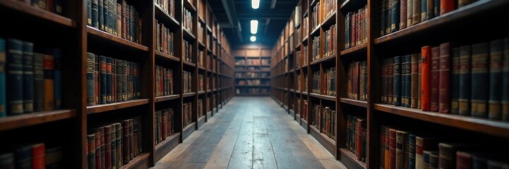 Mysterious library shelves lined with dark wood planks, study, books