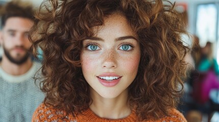 Fototapeta premium Woman with curly brown hair and blue eyes is smiling at the camera. She is wearing an orange sweater and is surrounded by other people
