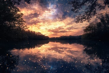 Obraz premium Dazzling sunset reflects on calm lake surrounded by trees at twilight