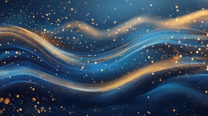 Abstract waves of blue and gold with shimmering particles