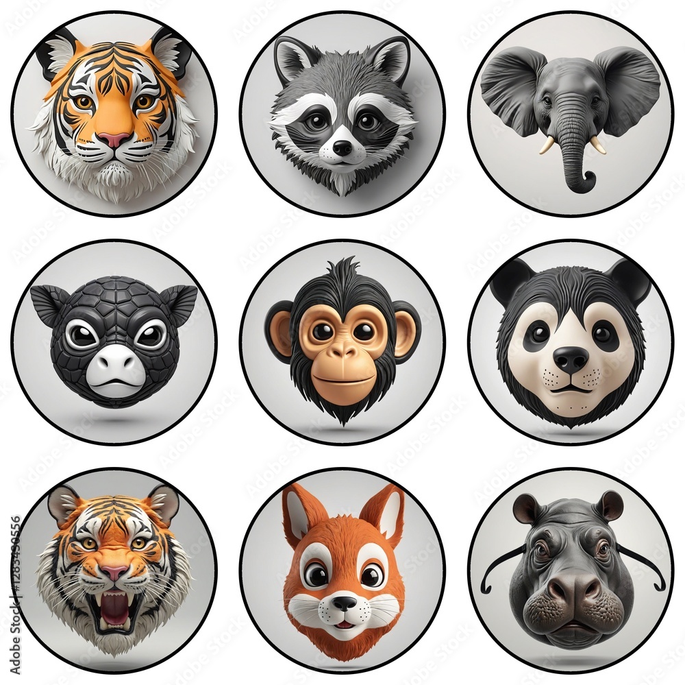 Poster nine cartoon animal faces are displayed in circular frames against a white background, featuring div