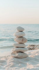 Fototapeta premium Balancing tranquility on the seashore with a serene stack of white stones at sunset