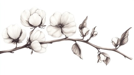 Hand-drawn cotton branch illustration symbolizing softness, elegance, and natural beauty, ideal for textile, eco-friendly themes, or nature-inspired designs focusing on sustainable materials.