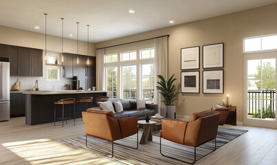 Spacious open concept living space featuring elegant beige walls and leather furnishings for modern comfort