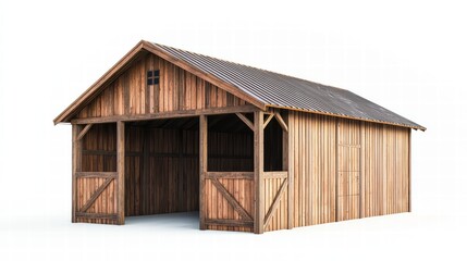 Naklejka premium Rustic Barn: a classic wooden barn stands with its weathered wood, sturdy construction, and open entrance. showcasing the charm of rural architecture. 