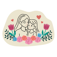 Minimalist line art drawing of a mother and child. Perfect for Mother's Day heartfelt greeting cards.