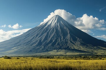 Fototapeta premium Majestic volcano rises above verdant landscape under a clear blue sky