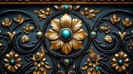 Obraz premium Ornate gold and teal floral panel detail