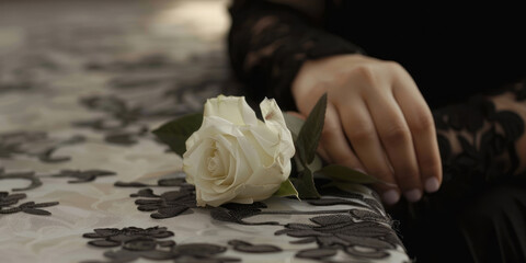 A close-up of a hand holding a white rose at a funeral, with a woman in a black dress sitting alone.