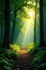 Obraz premium Serene and peaceful forest scene with sunlight peeking through the canopy, foliage, nature