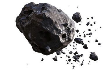An asteroid with floating small pieces isolated on a transparent background.
