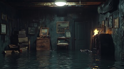 Obraz premium A flooded basement with a flickering overhead light, old furniture and family heirlooms floating in the murky water, rats climbing on stacked boxes, hyper-detailed textures, cinematic realism,