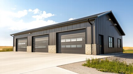 Fototapeta premium Modern Industrial Facade: A sleek, modern industrial building with a dark exterior and garage doors. Capturing the essence of functionality and contemporary design.