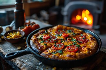 Pizza Chicago Deep-Dish, Thick and Buttery Crust Pizza with Layers of Mozzarella Cheese, Rich Tomato Sauce, and Savory Toppings, Hearty Pizza Isolated on Oven Background with Copy Space.