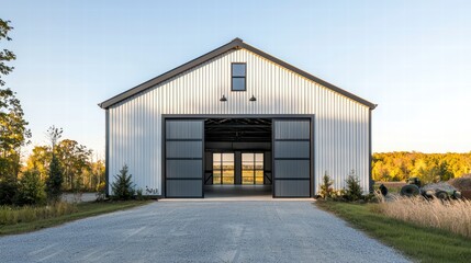 Obraz premium Grand Barn's Open Doors: A modern barn with open sliding doors, inviting and spacious. natural light fills the building. A view of a picturesque landscape can be seen from the open doorway.