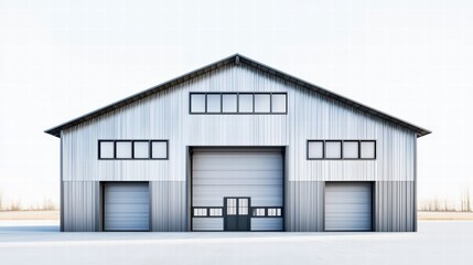 Obraz premium Industrial Warehouse: A modern industrial warehouse, a symbol of progress and productivity, with a striking geometric design. Featuring a sleek exterior.