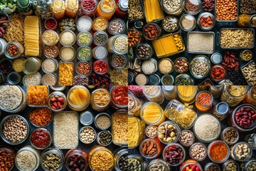 Collage of various dried foods in glass jars.