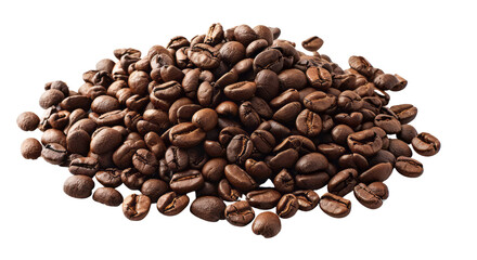 Obraz premium A pile of coffee beans on a transparent background, emphasizing their texture and shape in a clear and simple composition.