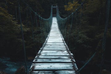 Fototapeta premium Rustic Wooden Suspension Bridge Over Dark Lush Forest