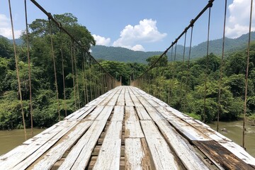 Fototapeta premium Rustic Wooden Suspension Bridge Over Lush River Valley